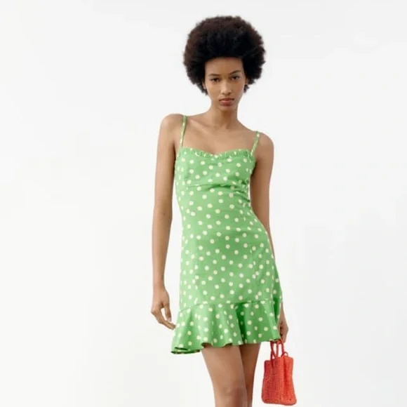 Zara | Dresses | Zara Greenwhite Polka Dots Ruffle Dress | Poshmark